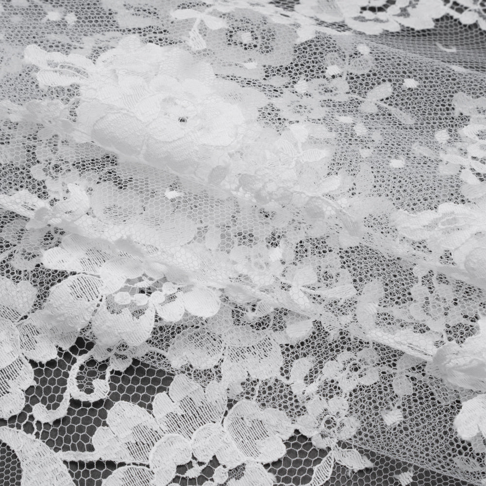 French Cotton Blend Re-Embroidered Lace with Finished Scalloped Edges - White Classic Floral