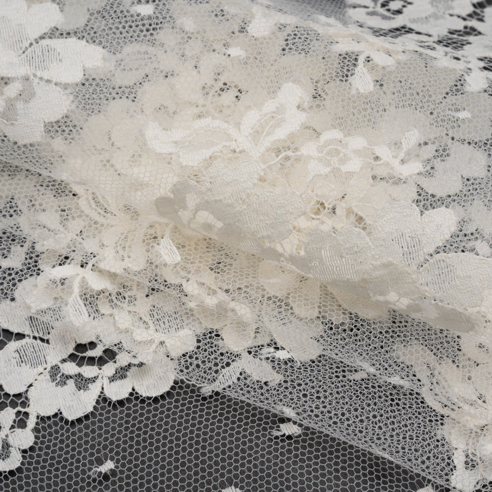 French Cotton Blend Leavers Lace with Finished Scalloped Edges - Greige Classic Floral