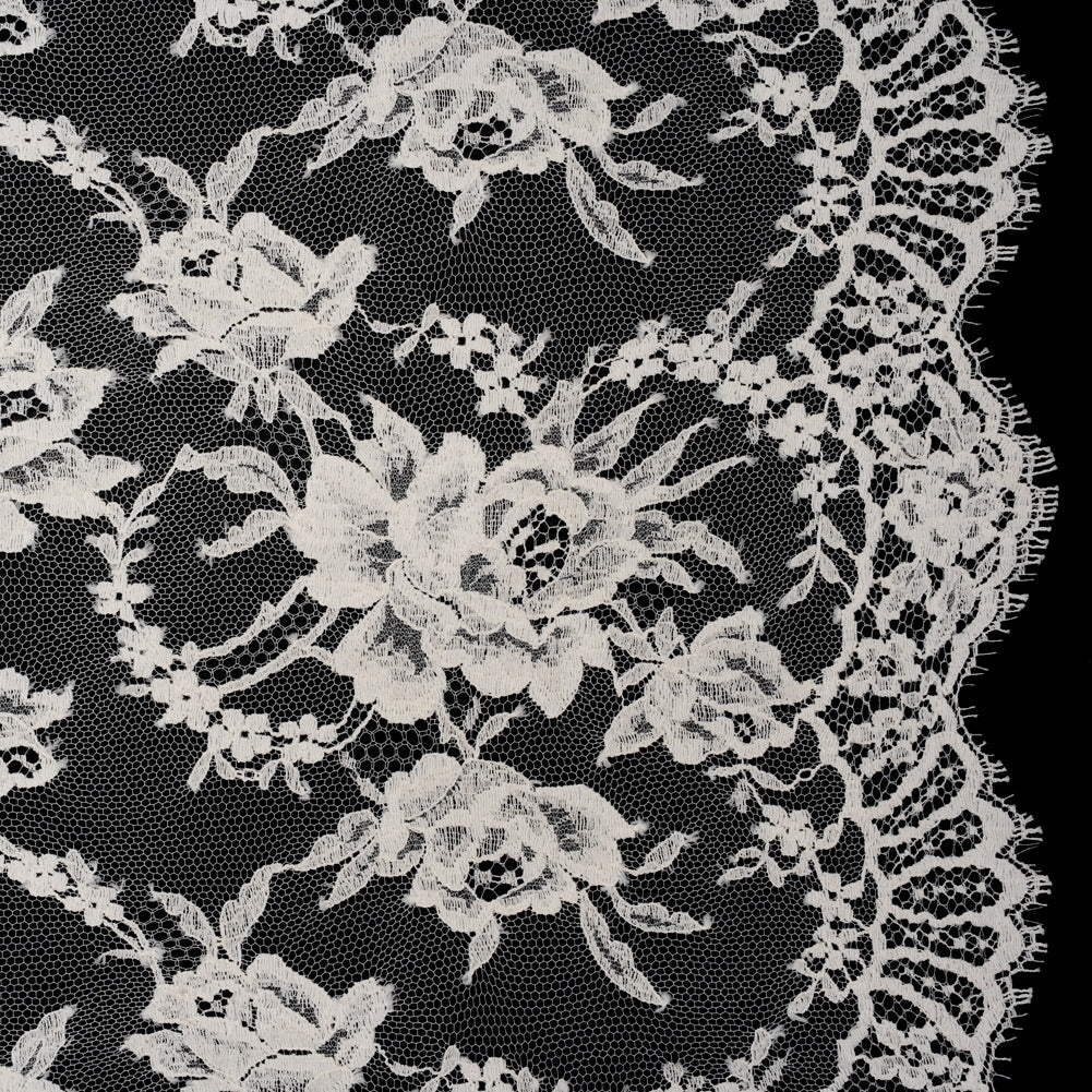 French Cotton Blend Leavers Lace with Finished Scalloped Edges by Solstiss - Greige Sweet Roses