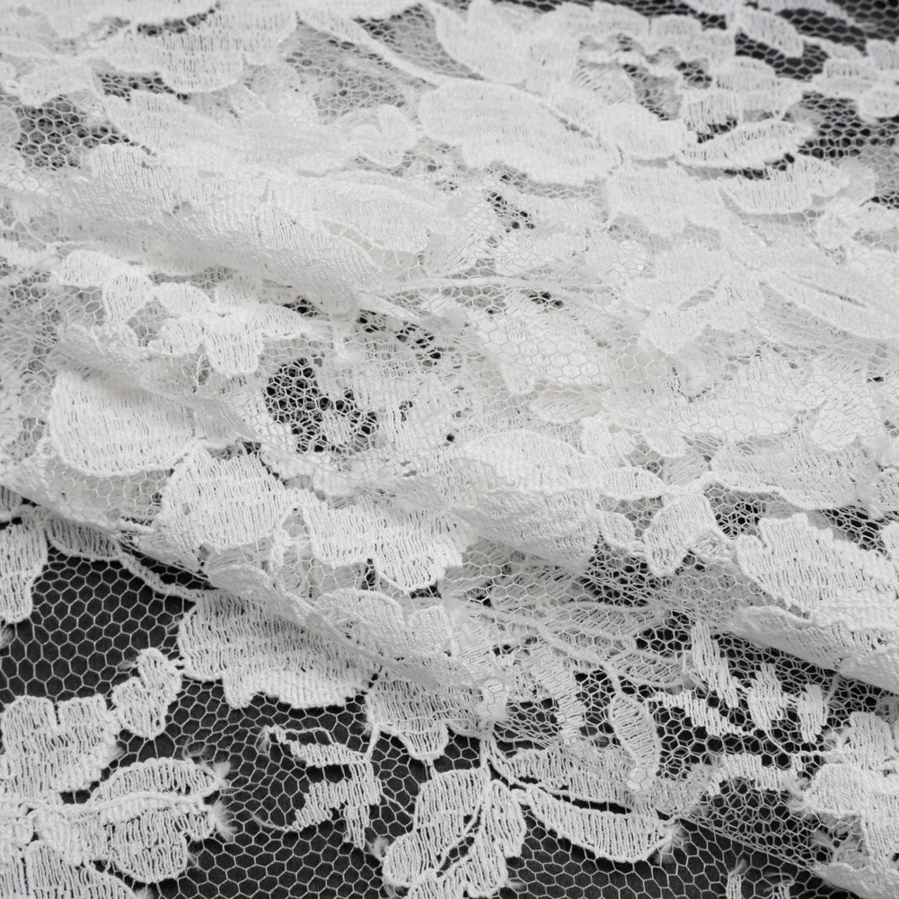 French Cotton Blend Leavers Lace with Finished Scalloped Edges by Solstiss - White Dancing Flowers