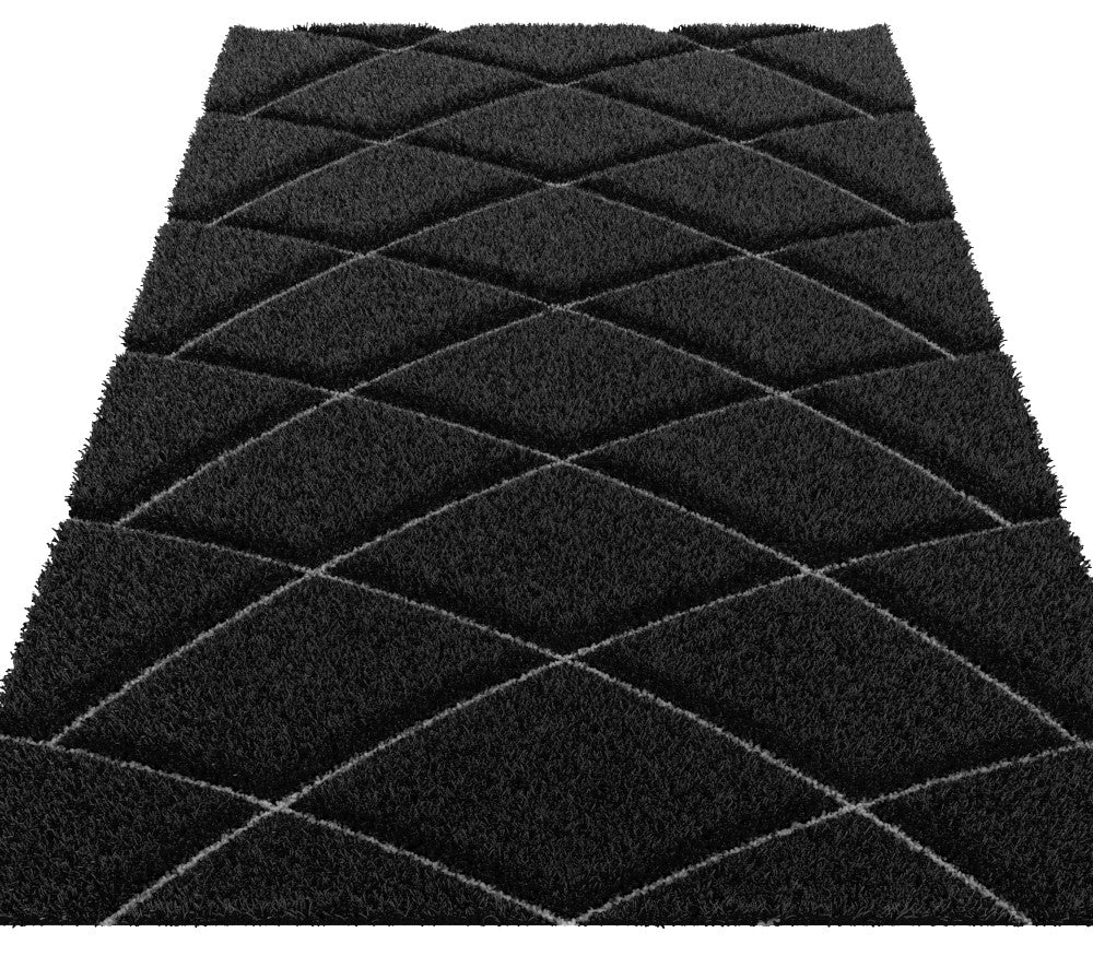 SR-722 Polyester Fabric - White/Black 3D Lines, Shag Area Rug, 2" Pile Height (1 Piece)