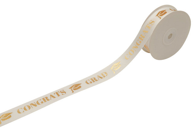 1"x25 Yards Satin Congrats Grad Gold Printed White Ribbon