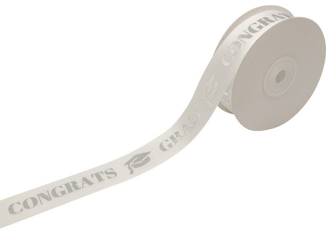 1"x25 Yards Satin Congrats Grad Silver Printed White Ribbon