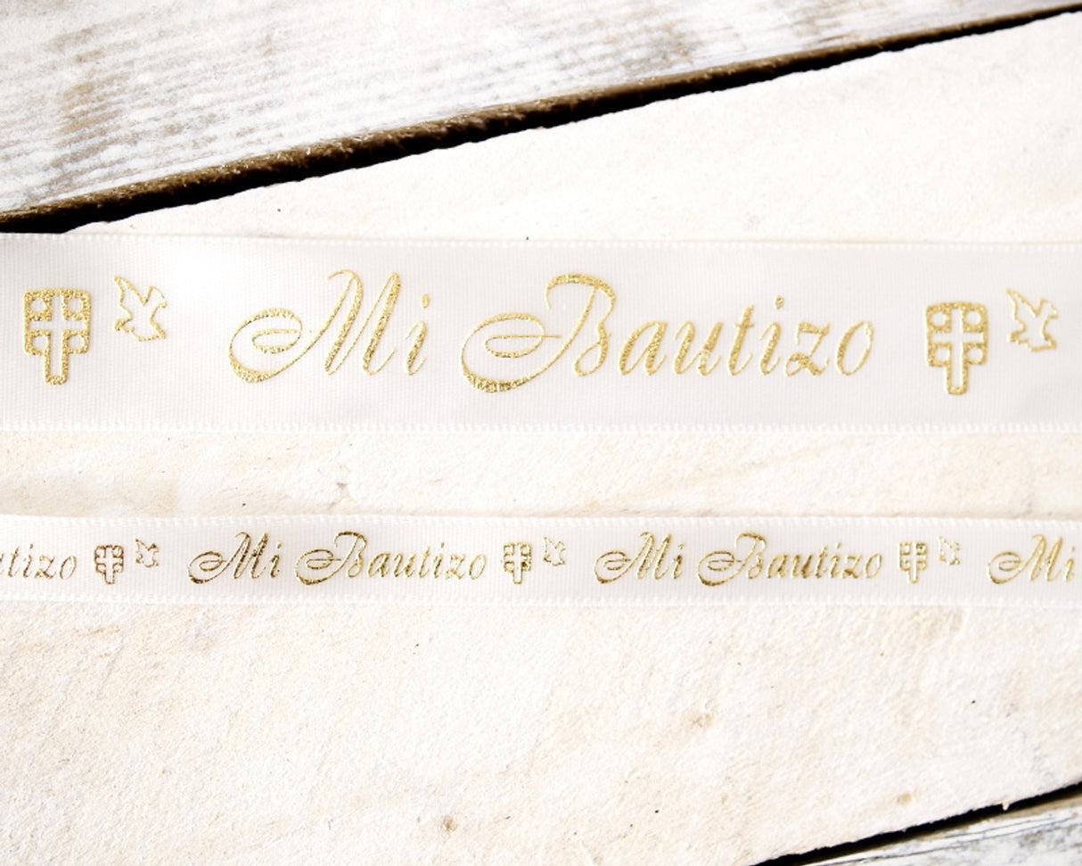 7/8" x 25 Yards Gold "Mi Bautizo" Printed Satin Ribbon for Baptism Favors