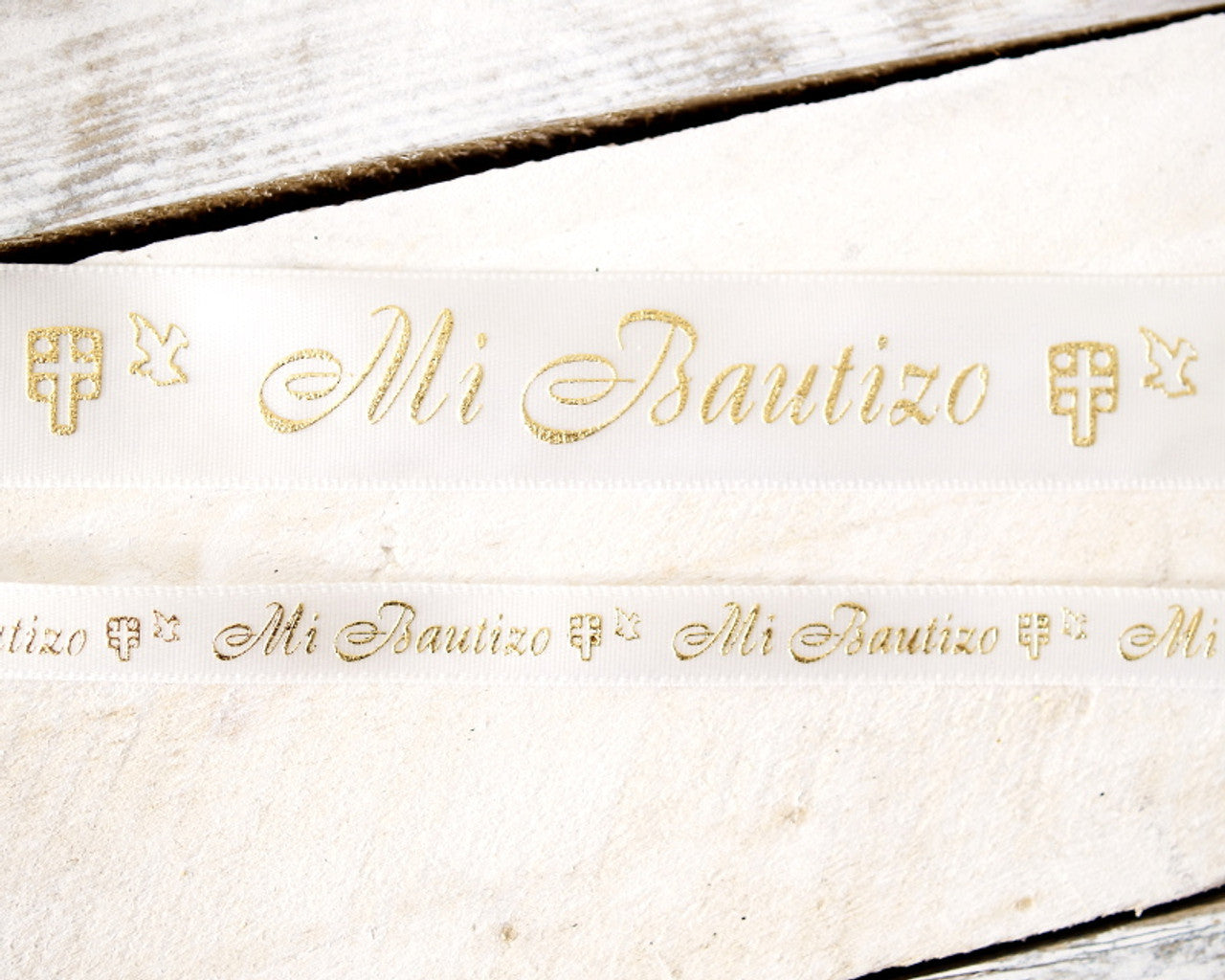 7/8" x 25 Yards Gold "Mi Bautizo" Printed Satin Ribbon for Baptism Favors