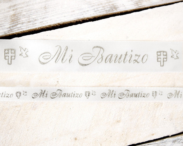 3/8" x 25 Yards Silver "Mi Bautizo" Printed Satin Ribbon for Baptism Favors