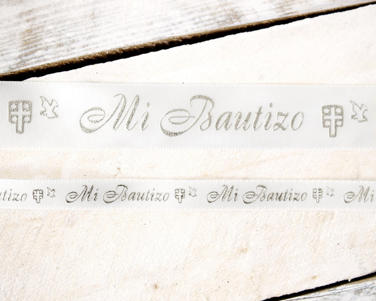 7/8" x 25 Yards Silver "Mi Bautizo" Printed Satin Ribbon for Baptism Favors