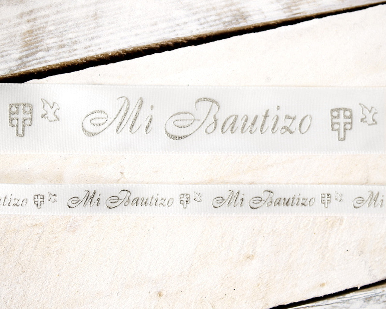 7/8" x 25 Yards Silver "Mi Bautizo" Printed Satin Ribbon for Baptism Favors