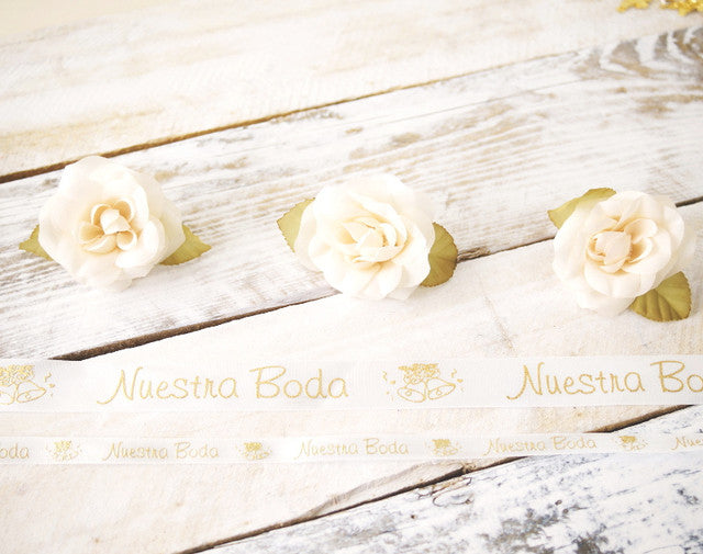 7/8" x 25 Yards Gold "Nuestra Boda" Spanish Printed Wedding Ribbon