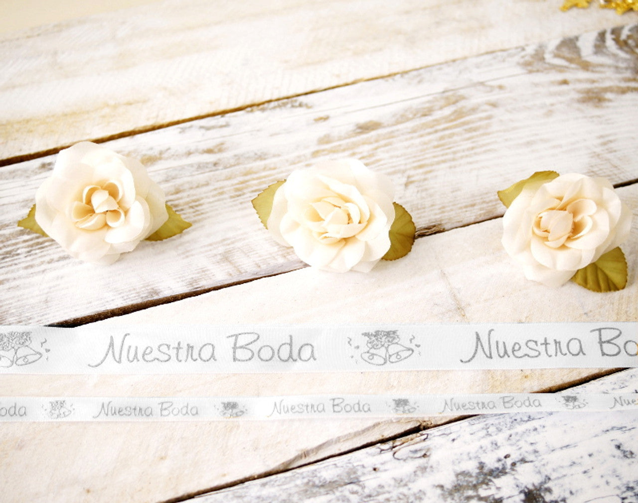 7/8" x 25 Yards Silver "Nuestra Boda" Spanish Printed Wedding Ribbon
