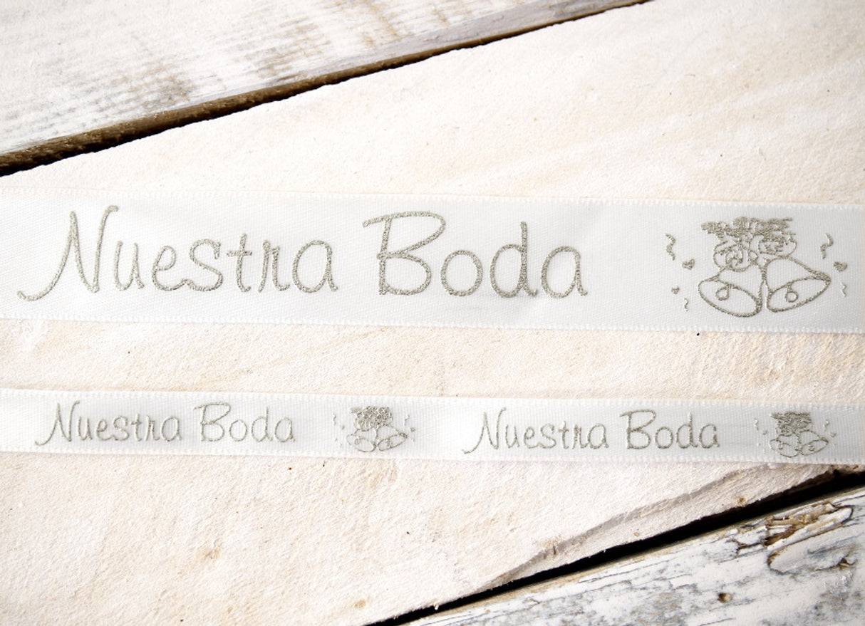 7/8" x 25 Yards Silver "Nuestra Boda" Spanish Printed Wedding Ribbon