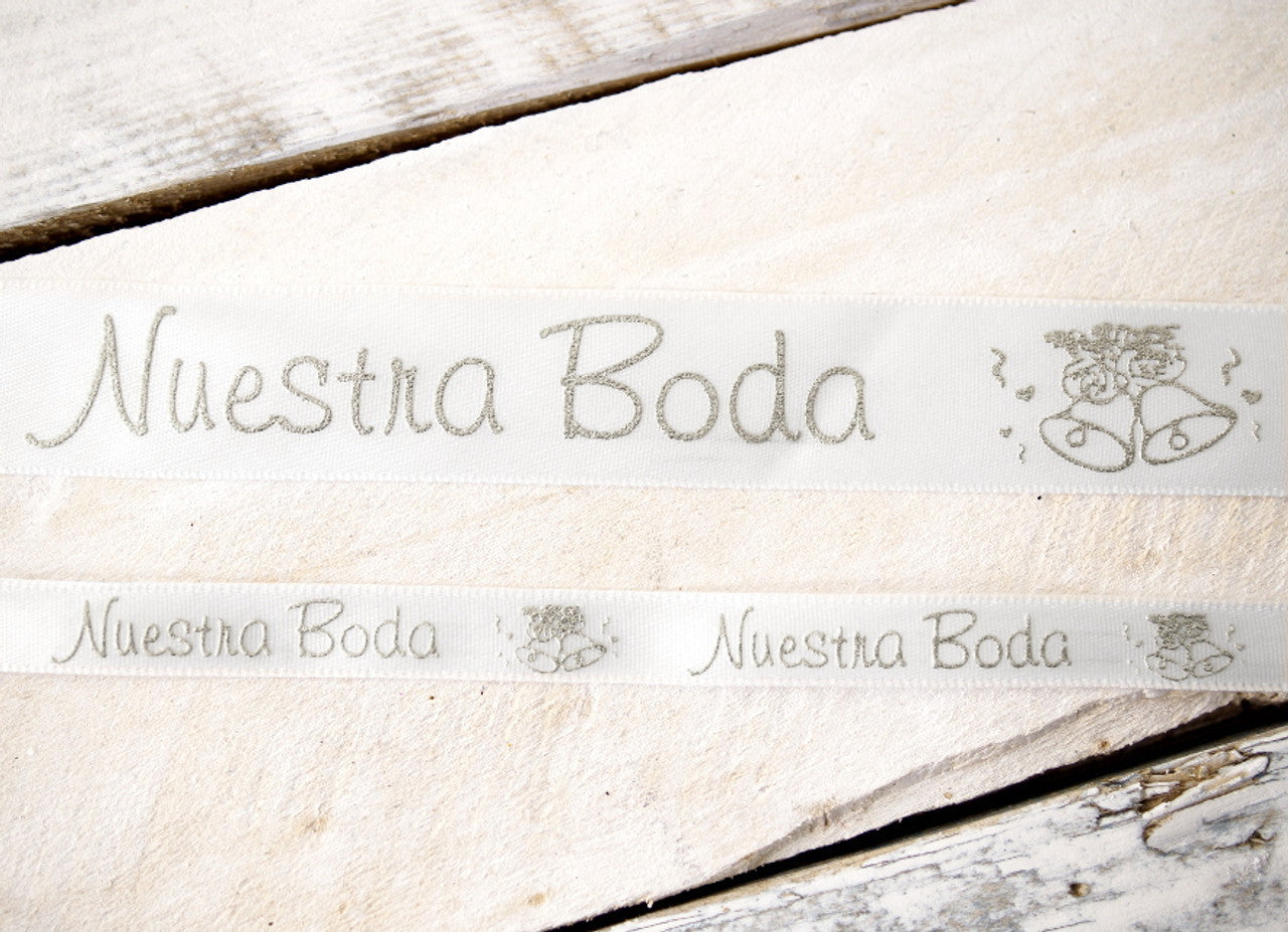 7/8" x 25 Yards Silver "Nuestra Boda" Spanish Printed Wedding Ribbon
