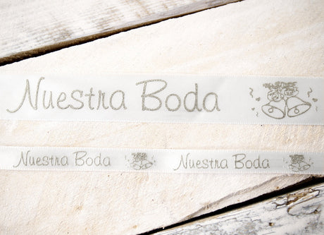 7/8" x 25 Yards Silver "Nuestra Boda" Spanish Printed Wedding Ribbon