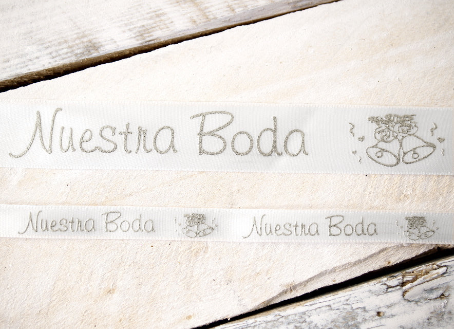 3/8" x 25 Yards Silver "Nuestra Boda" Spanish Printed Wedding Ribbon