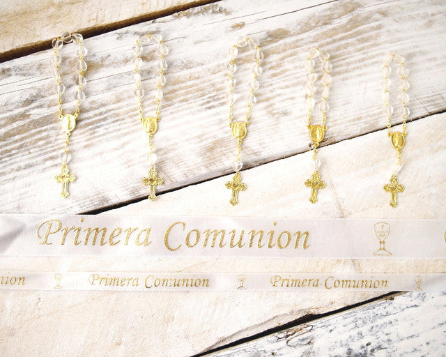 7/8" x 25 Yards Gold "Primera Comunion" Spanish Printed First Communion Ribbon