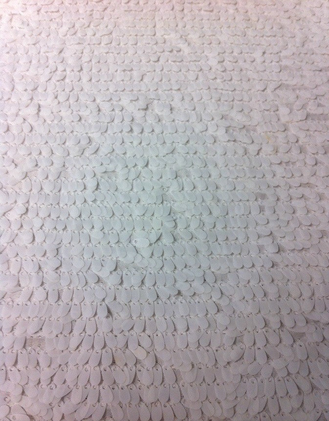 4Mm Ivory Matte Oval Sequins On White Polyester Spandex Jersey Fabric - Ivory Matte Oval Sequins, White, 58" Width