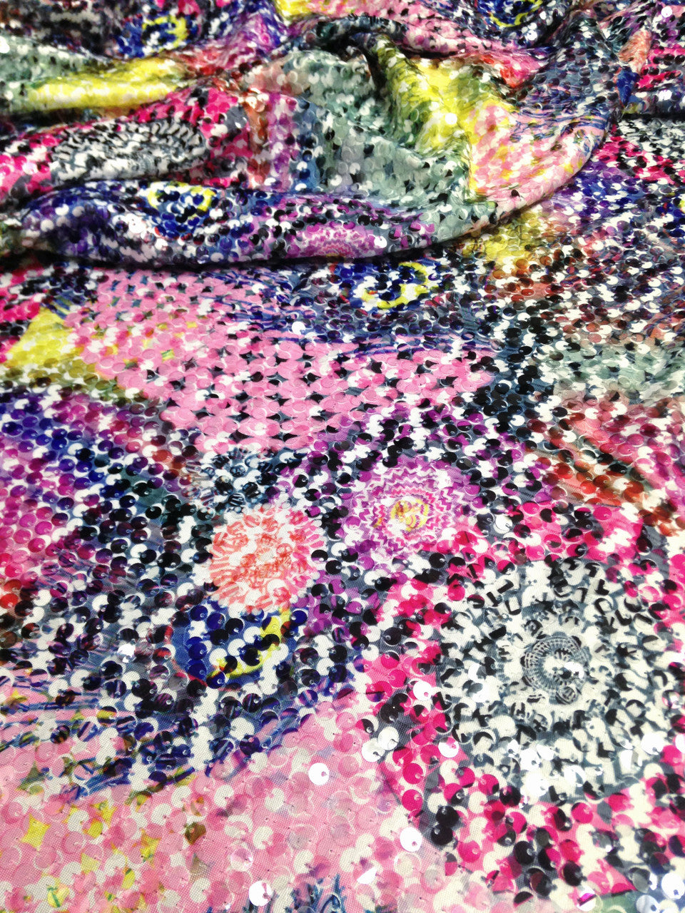 Abstract And Peacock Feather Design Polyester Spandex Fabric - Abstract Peacock Feather Pattern, 7Mm Sequins