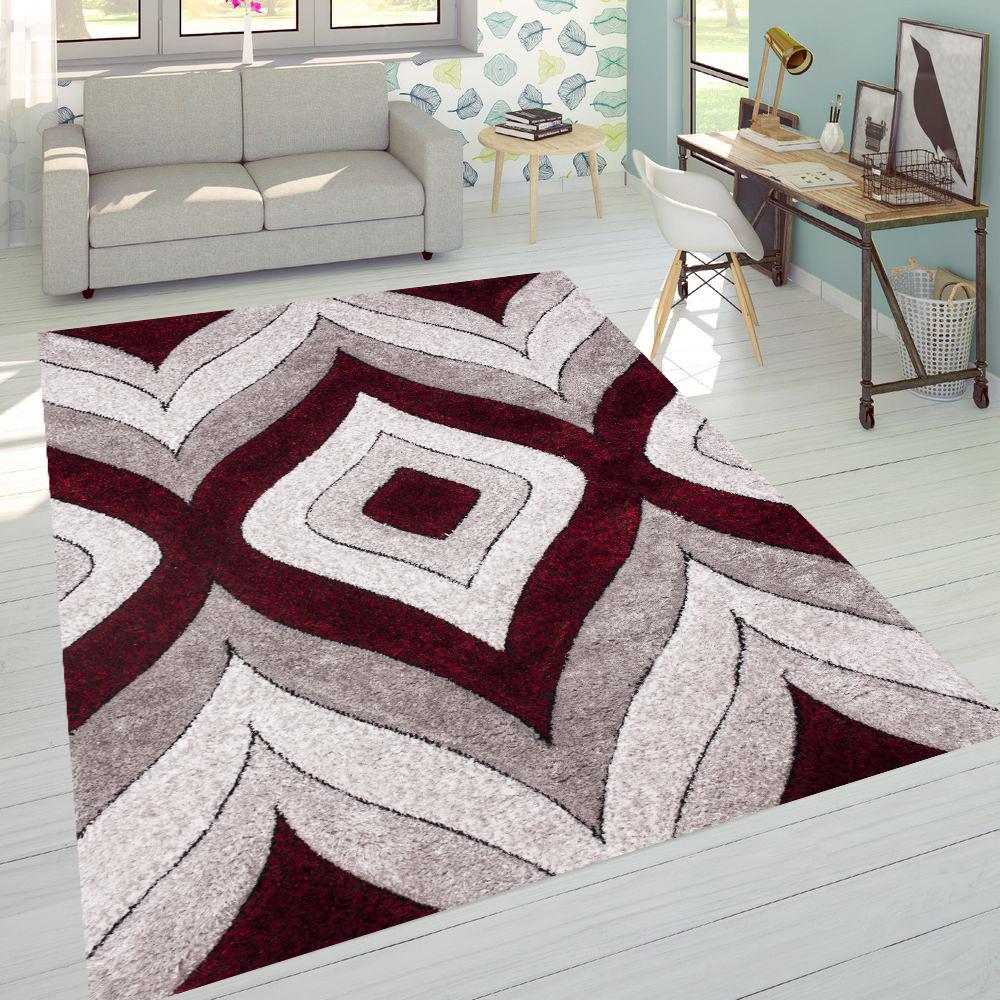 SR-721 Polyester Fabric - Plush Fluffy Shine 3D Geometric Design, Red/Silver/Yellow, 2' X 3", 5' 3" X 7' 5", 7' 6" X 10' 3" (1 Rug)