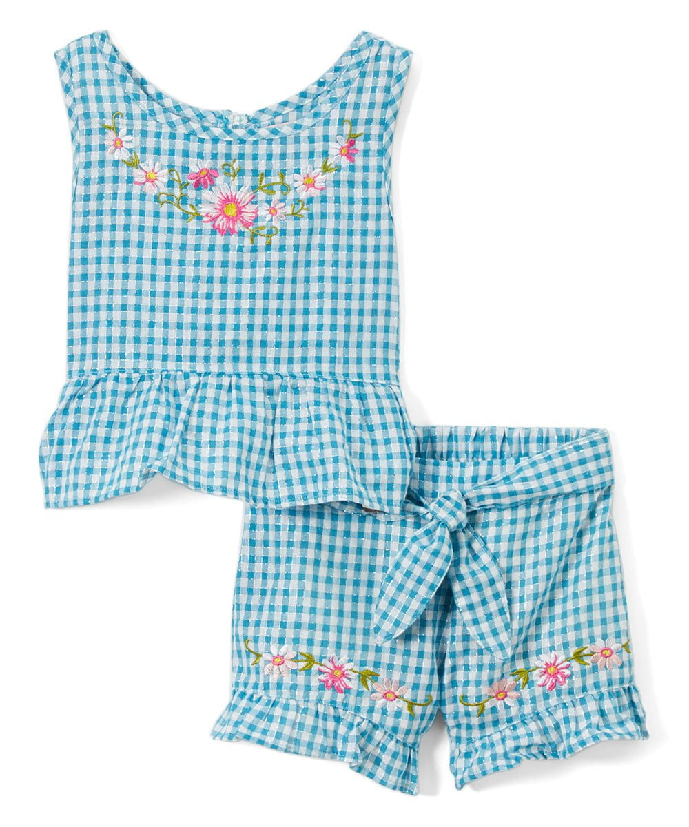 Girls Gingham Short Sets Cotton Fabric - Embroidered Gingham, Lime, Red, Black, Pink, Purple, Blue, Sizes 5-8 (1 Set)
