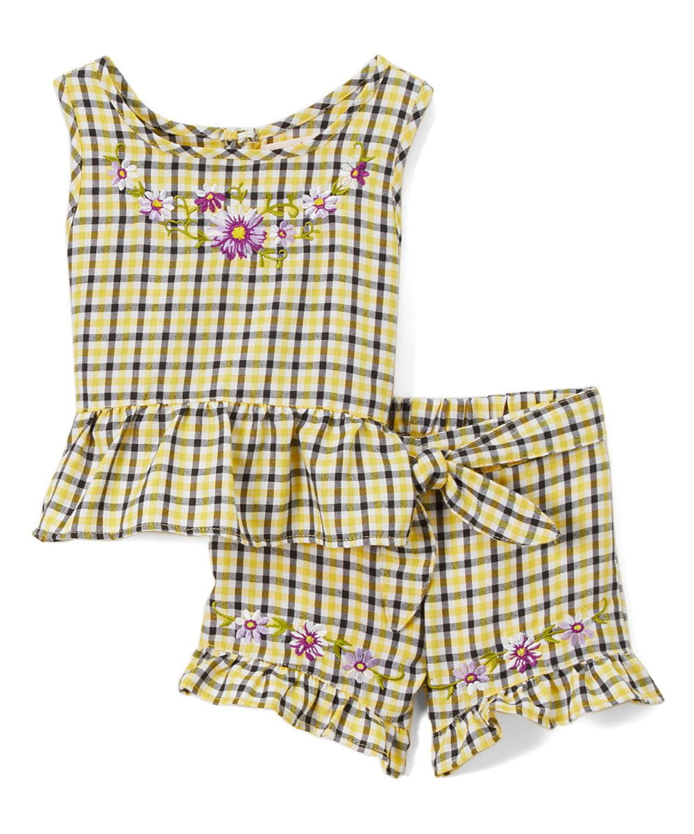 Girls Gingham Short Sets Cotton Fabric - Embroidered Gingham, Lime, Red, Black, Pink, Purple, Blue, Sizes 5-8 (1 Set)