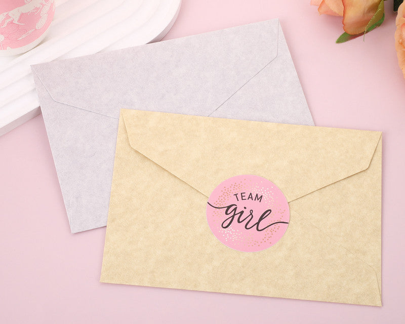 2" Round Pink / Gold "Team Girl" Baby Shower Gender Reveal Stickers - Pack of 48