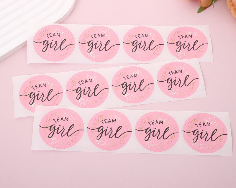 2" Round Pink / Gold "Team Girl" Baby Shower Gender Reveal Stickers - Pack of 48
