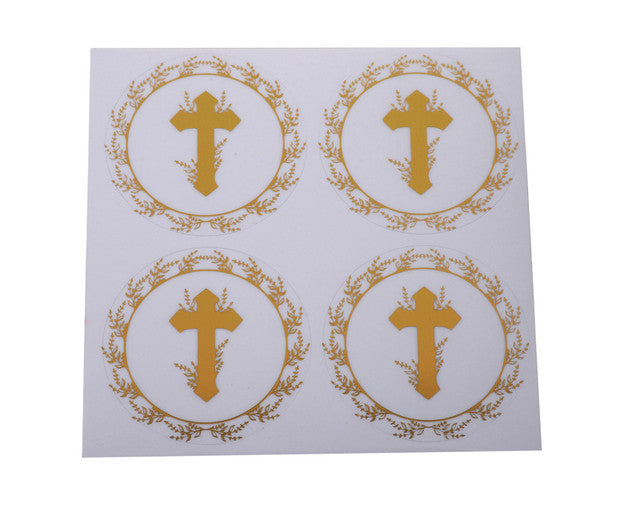 2 Inch Round Gold Cross Leaves Religious Transparent Clear Vinyl Stickers Seals Pack of 48