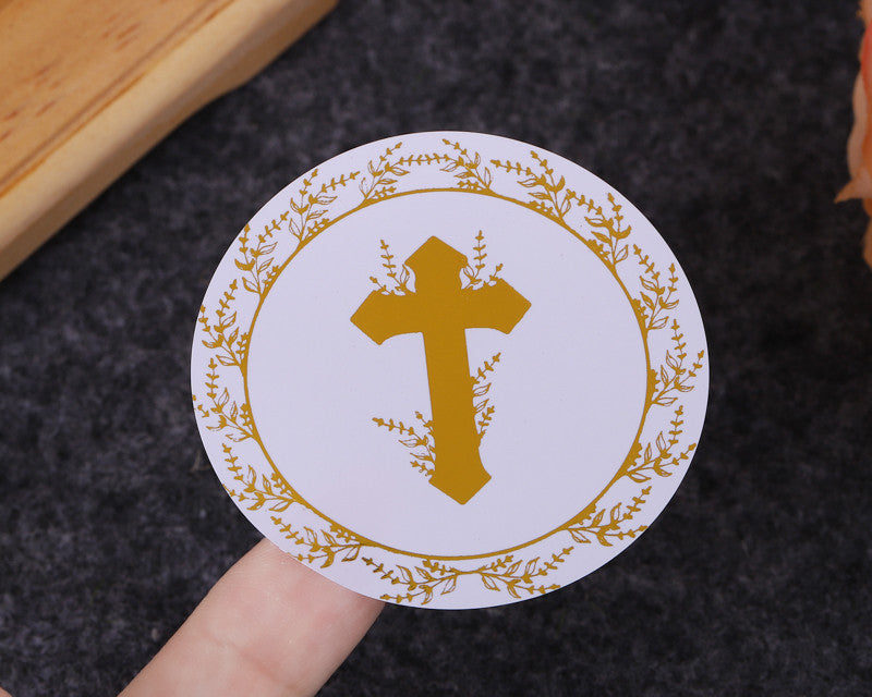 2 Inch Round Gold Cross Leaves Religious White Sticker Seals Pack of 48