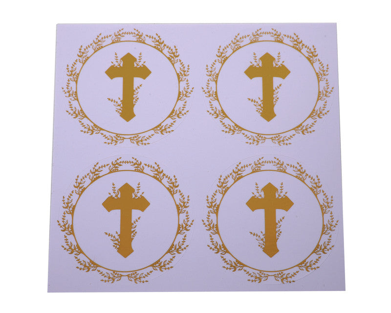 2 Inch Round Gold Cross Leaves Religious White Sticker Seals Pack of 48
