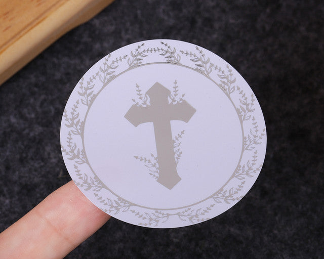 2 Inch Round Silver Cross Leaves Religious White Sticker Seals Pack of 48