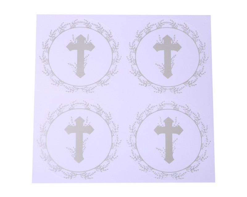 2 Inch Round Silver Cross Leaves Religious White Sticker Seals Pack of 48