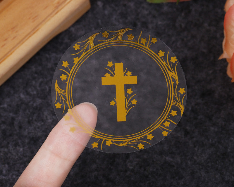 2 Inch Round Gold Cross Flowers Religious Transparent Clear Vinyl Stickers Seals Pack of 48