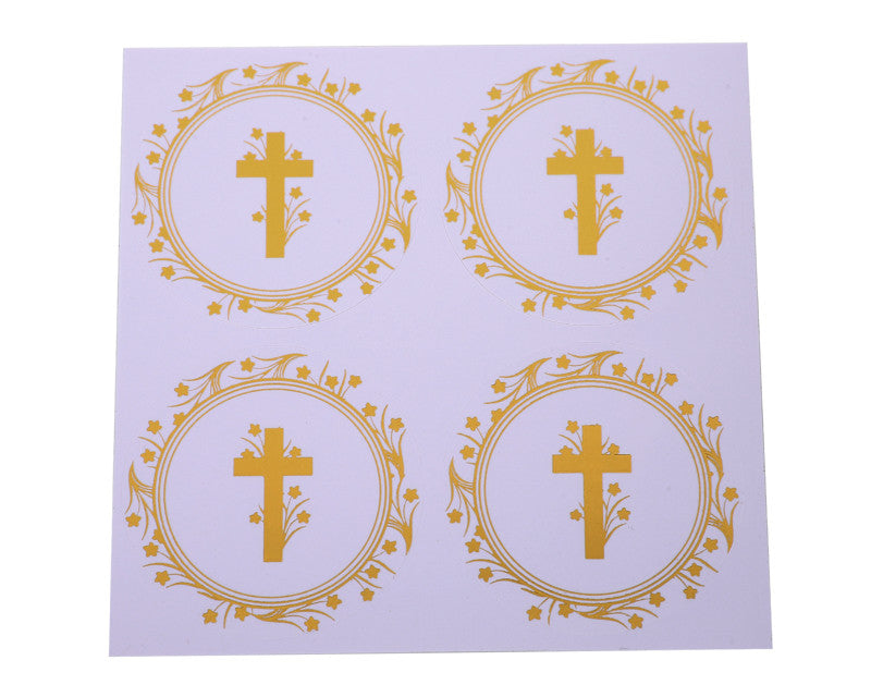 2 Inch Round Gold Cross Flowers Religious White Stickers Seals Pack of 48