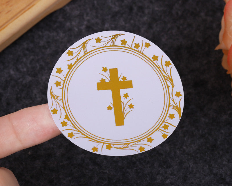 2 Inch Round Gold Cross Flowers Religious White Stickers Seals Pack of 48
