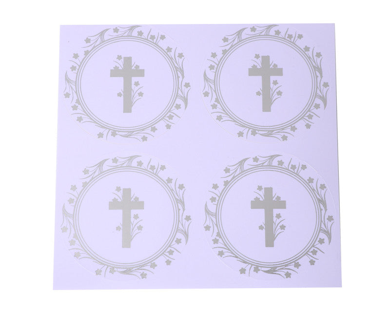 2 Inch Round Gold Cross Swirls Religious Transparent Vinyl Stickers Seal Pack of 48