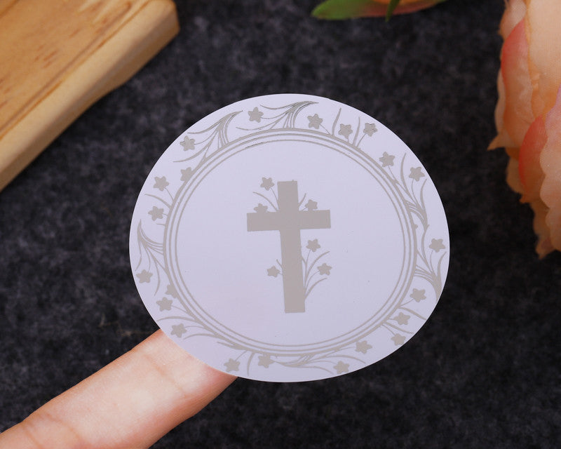 2 Inch Round Gold Cross Swirls Religious Transparent Vinyl Stickers Seal Pack of 48