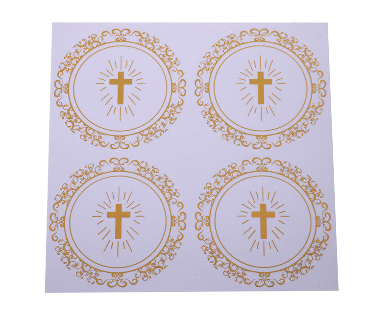 2 Inch Round Gold Cross Swirls Religious White Stickers Seal Pack of 48