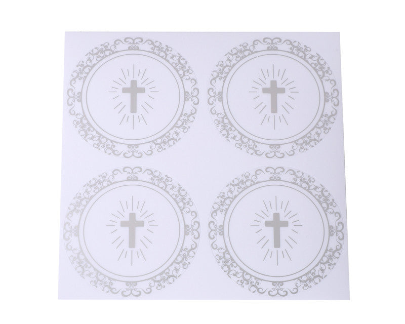 2 Inch Round Silver Cross Swirls Religious Transparent Vinyl Stickers Seal Pack of 48