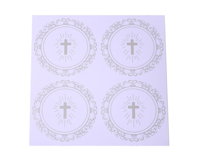 2 Inch Round Silver Cross Swirls Religious White Stickers Seal Pack of 48