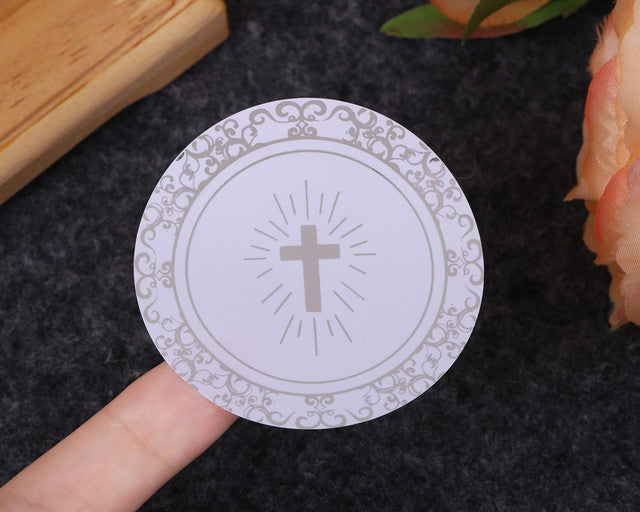 2 Inch Round Silver Cross Swirls Religious White Stickers Seal Pack of 48