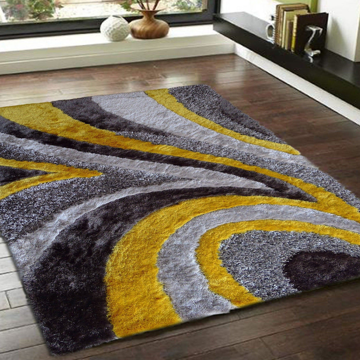 Geometric Shag Thick Design Area Rug - Shag Rug Fabric - Gray/Black Geometric Pattern, 2" Pile, 7'6" X 10'3" (1 Piece)