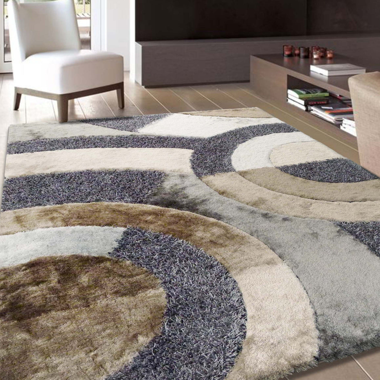 Circle Earth Tone Design Plush Fluffy Multi-Textural Shag Area Rug Carpet - Earth, Shag Rug, 5' X 7' (1 Piece)