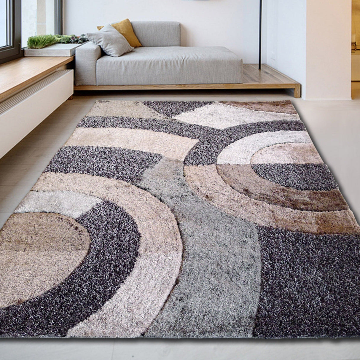 Circle Earth Tone Design Plush Fluffy Multi-Textural Shag Area Rug Carpet - Earth, Shag Rug, 5' X 7' (1 Piece)