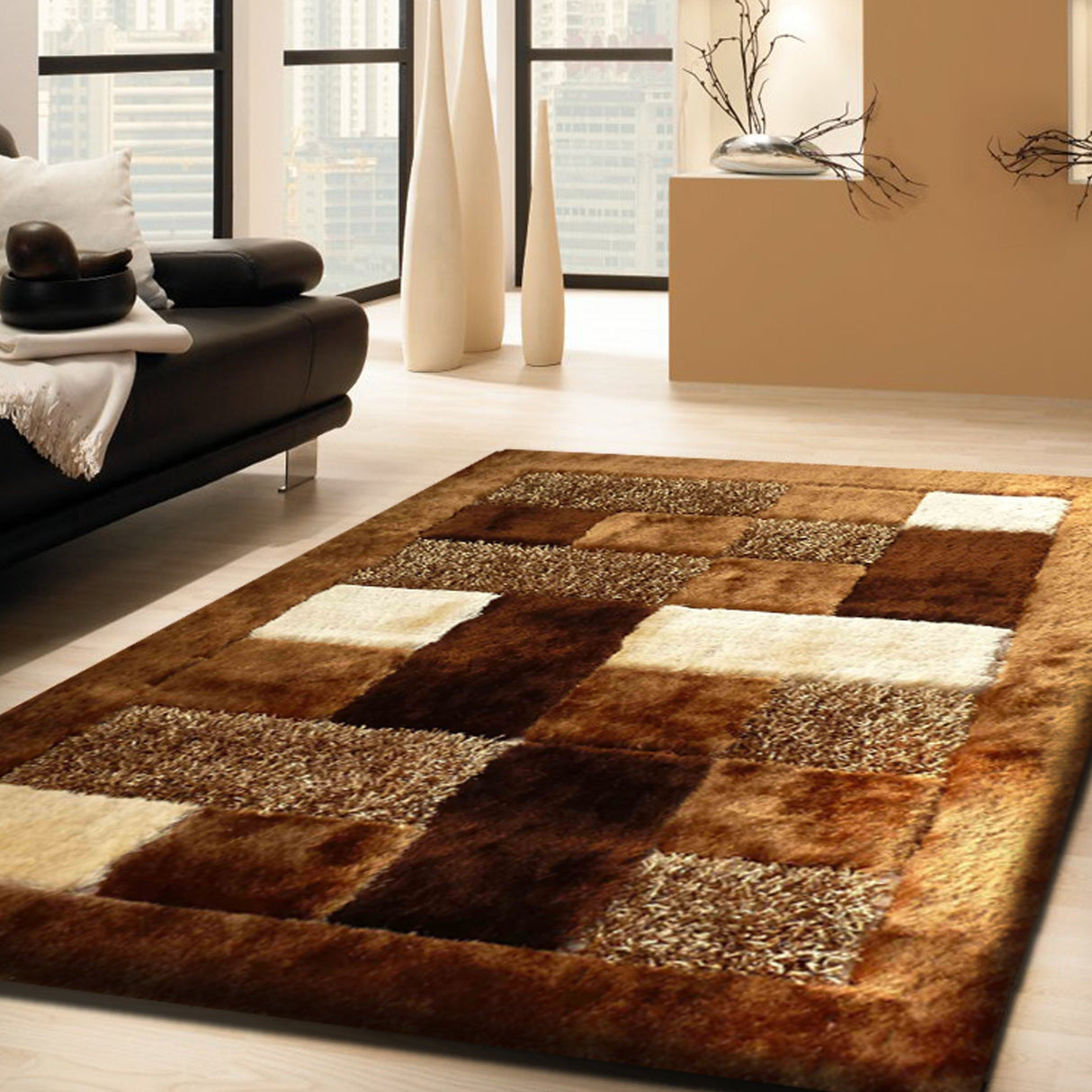 Square Plush Design Shag Area Rug Carpet - Shag Rug, Black/Earth, 2' X 3', 5' X 7', 7'6" X 10'3" (1 Unit)