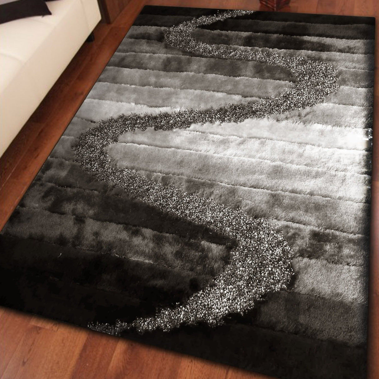 Soft Plush Fluffy Multi-Textural Design Shag Rug - Silver Gray Black, 1.5" High Pile, 7'6" X 10'3" (1 Piece)