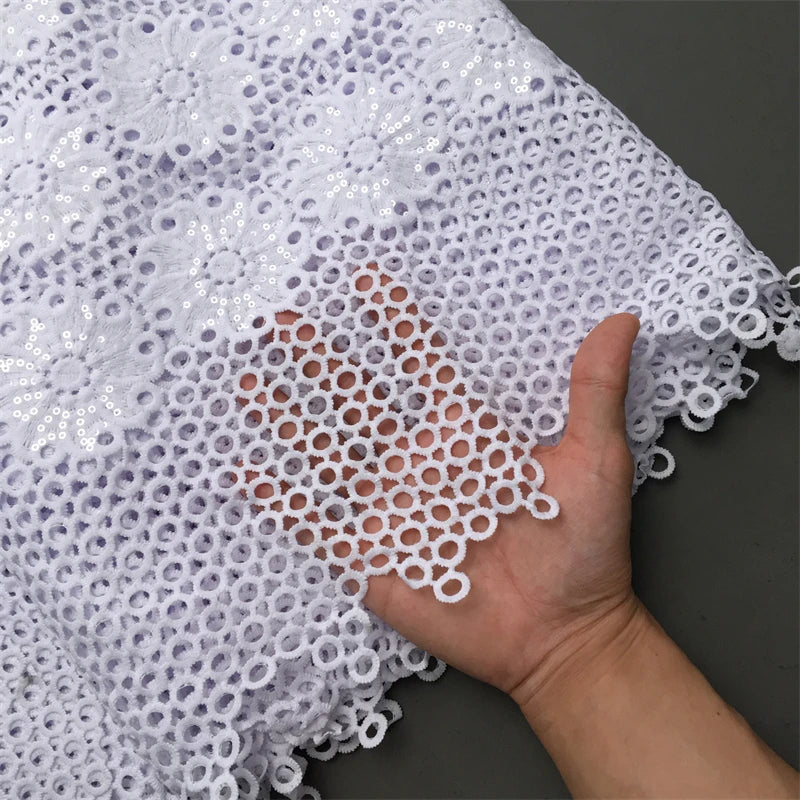 White African Guipure Cord Lace Fabric with Sequins 2025 High Quality Nigerian Guipure Cord Lace for Sewing Wedding Dress F4025