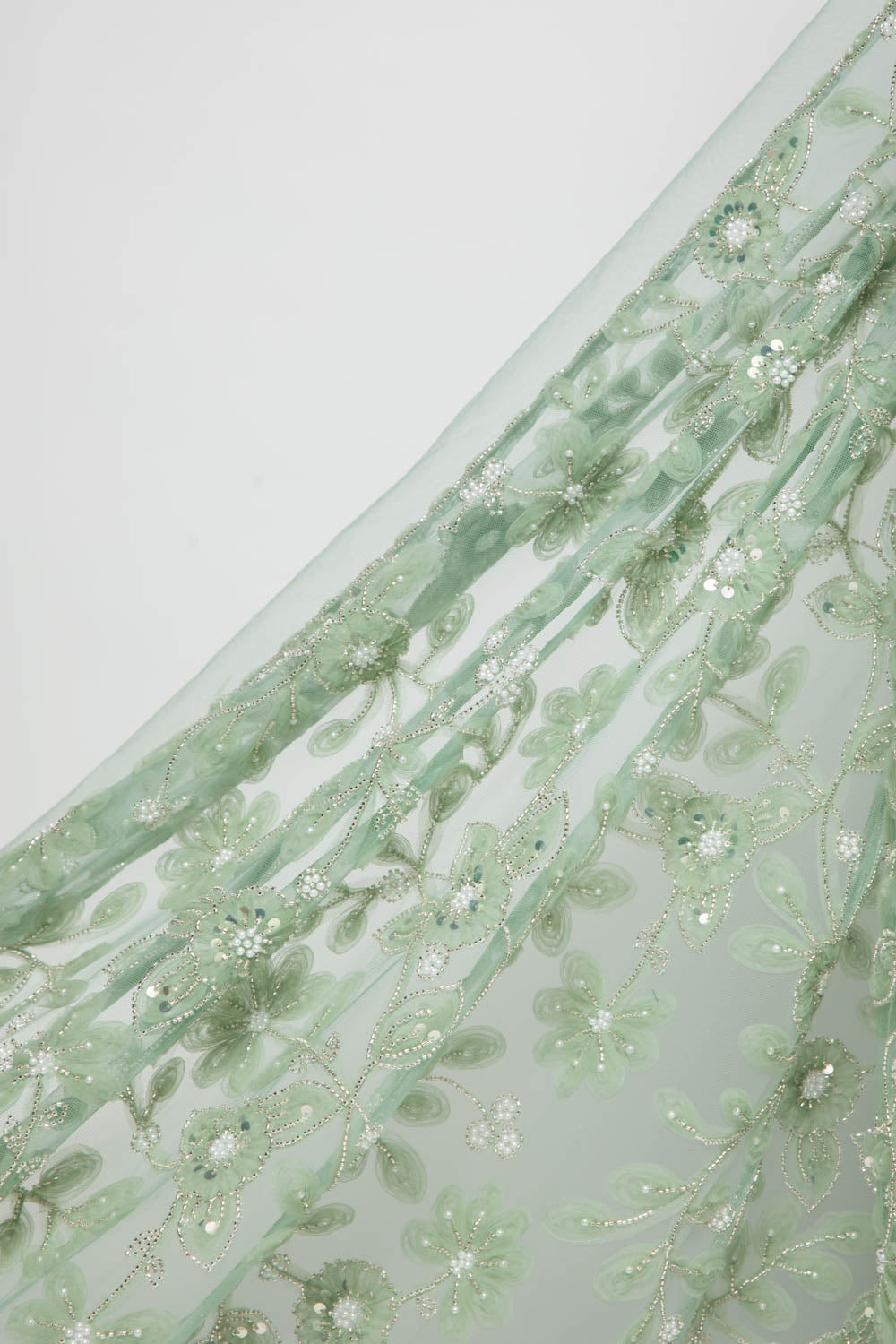 1 Yard Tulle Lace Fabric Embroidered with Ribbon and Floral Design, 52" Wide