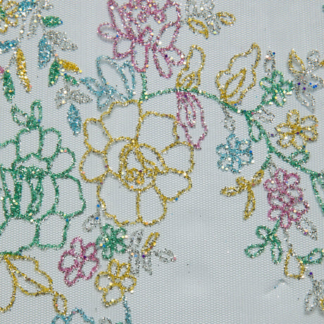 1 Yard Tulle Lace Fabric with Multicolor Glitter and Floral Pattern, 58" Wide
