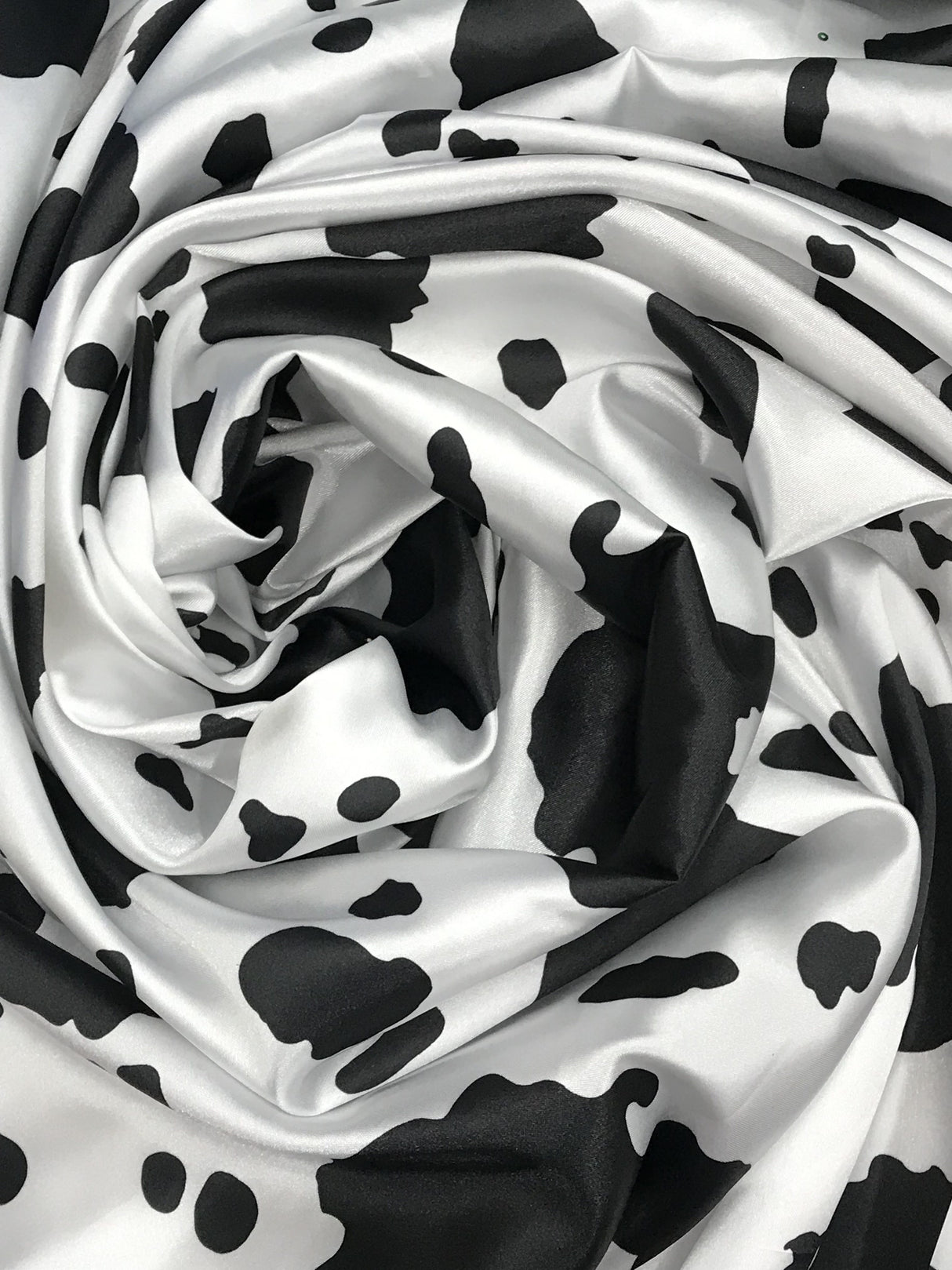 Black Cow Satin Print Polyester Fabric - White Cow Spots On White Shiny Light Weight Satin, 59/60" Width