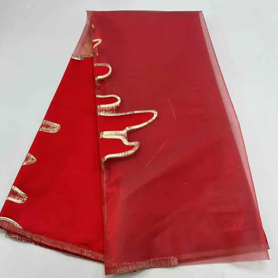 New African Nigerian Tulle Lace Fabric Organza Embroidery High Quality Brocade Jacquard 5Yard for Par damask fabric Red Color